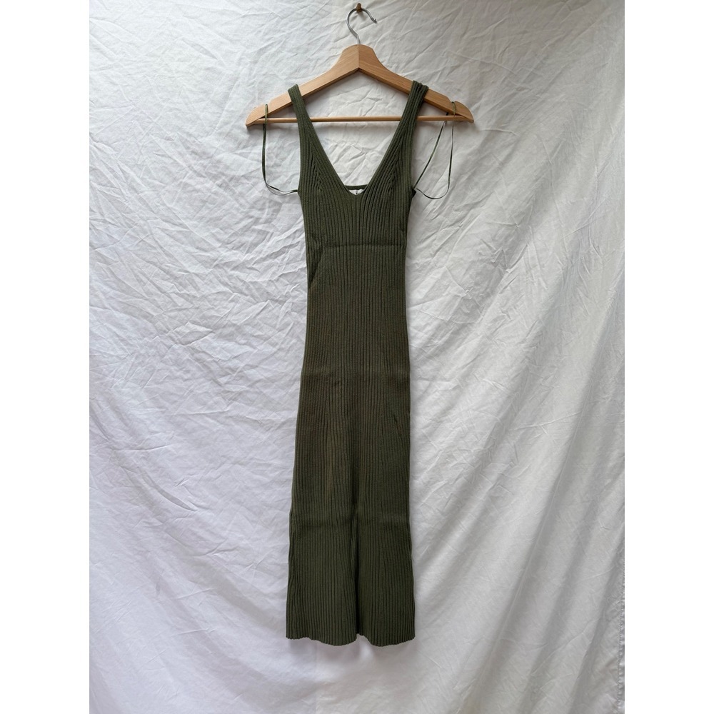 MOD REF Olive Green Ribbed Knit V-Neck Midi Dress Small Sleeveless Bodycon
